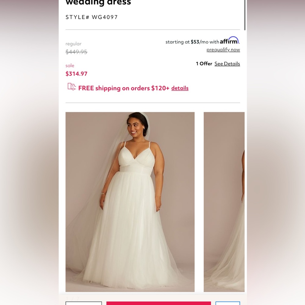 David’s Bridal beaded strap low back tulle a-line wedding dress plus size